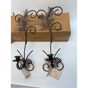 Home Interiors Pine Tree/Pine Cone Burnished Metal Wall Candle Scones NIB